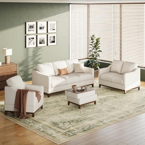 Sectional Sofa Couch Set with Coffee Table-Living Room Sofa Set with 3-Seater Couch, Loveseat Sofa and Armchair, Modern Versatile Convertible Modular Sofa Set for Living Room/Apartment-Beige