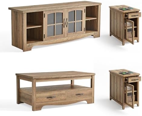 LINSY HOME Living Room Table Sets 4 Piece with TV Stand, Farmhouse TV Stand for 65 Inch TV, Coffee Table with Drawers, Two End Table with Charging Station, Brown