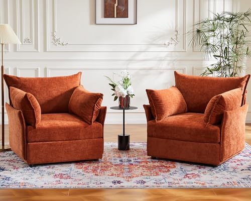 Oversized Accent Chair, Upholstered Modern Sofa Chair with Removable Backrest & Detachable Cover, 24.5" Deep Seat Large Reading Armchair for Living Room Bedroom - Chenille Terracotta Set of 2