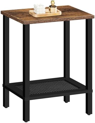 HOOBRO End Table, Small Side Table with 2-Tier Storage Shelves, Nightstand with Faux Rattan Decoration, Sofa Table for Small Space, Beside Table for Living Room, Rustic Brown and Black BF91BZ01