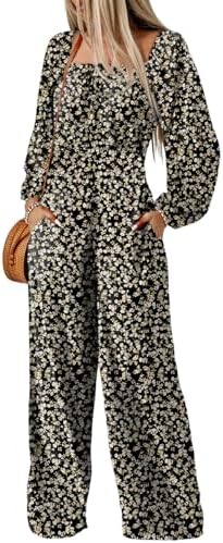 Dokotoo Women's Casual Loose Jumpsuits Overalls One Piece Long Sleeve Printed Wide Leg Long Pant Rompers With Pockets