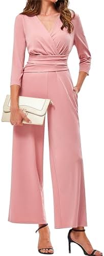 JASAMBAC 3/4 Length Sleeve Women's Jumpsuits Dressy Casual Wrap V Neck Empire Waist Romper Flowy Pants Outfits Overalls