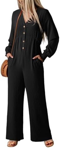 Dokotoo Womens Jumpsuits V-Neck Button Up Lantern Sleeve High Waist Wide Leg Rompers Loose Casual Jumpsuits with Pockets