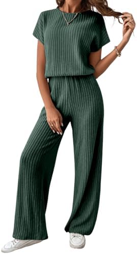 Happy Sailed Women's Casual Loose Solid Ribbed Crewneck Short Sleeve Long Romper Stretchy Wide Leg Jumpsuits