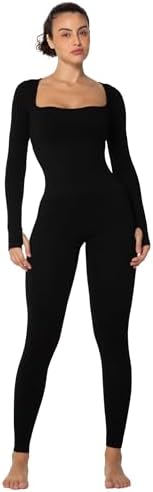 Sunzel Long Sleeve Bodysuits One Piece Jumpsuit for Women with Square Neck and Butt Scrunch Leggings Seamless Ribbed Rompers