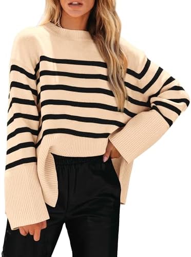PRETTYGARDEN Women's 2024 Fall Striped Sweater Oversized Long Sleeve Crew Neck Side Slit Casual Trendy Knit Pullover Sweaters