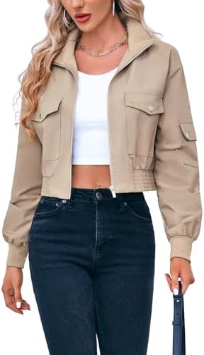 Fisoew Women's Cropped Bomber Jackets Lightweight Zip Up Stand Collar Long Sleeve Short Jacket with Pockets