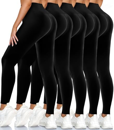 5 Pack Leggings for Women High Waisted No See-Through Soft Tummy Control Black Pants for Running Yoga Athletic Workout