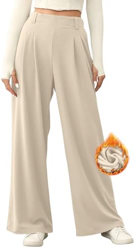 EVALESS Wide Leg Pants for Women Elastic High Waisted Waffle Knit Fleece Palazzo Pants Trousers with Pockets