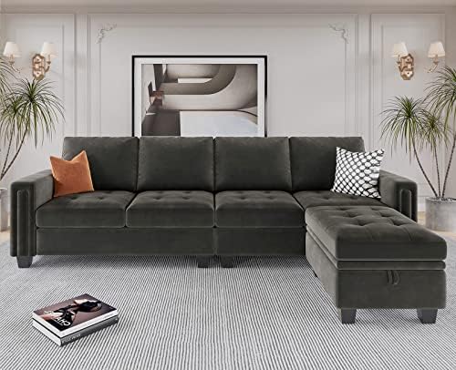Belffin Velvet Reversible Sectional Sofa with Chaise Convertible L Shaped 4-seat Sectional Couch with Storage Ottoman Grey