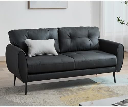 Sofa Couch 61" Small Loveseat Couches for Living Room White Leather Couch Mid Century Modern Tufted Mini Sofa Comfy Office 2 Seat Settee Love Seat Small Couches for Small Spaces Bedroom (1, Black)