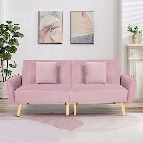 Crownland Futon Sofa Bed, Loveseat Sofa with Velvet Pillows, Mid-Century Modern Style Folding Sofa for Living Room, Bedroom, Apartment (Pink)