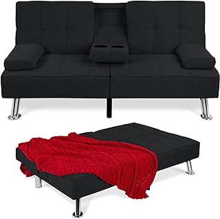 Best Choice Products Linen Modern Folding Futon, Reclining Sofa Bed for Apartment, Dorm w/Removable Armrests, 2 Cupholders - Black