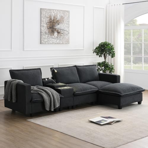 109x57 Inches Chenille Cloud Sectional Sofa Couch with Movable Ottoman, 2 USB Charging Port,Reading Light, Cup Holder,4 Seats Loveseat for Modern Living Room and Apartment,Gray