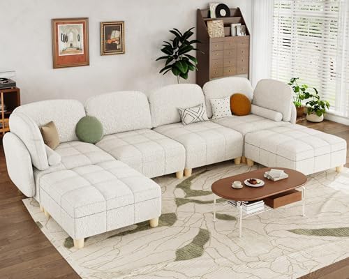 LLappuil Modular Sectional Sofa, Convertible U Shaped Sectional Sofa for Living Room 6 Seater Couch in Cozy Removable Covered Teddy Velvet Fabric,with Coffee Table Ottoman (Beige)