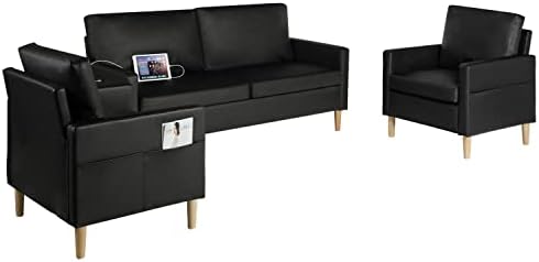 AILEEKISS Mid-Century Sectional Sofa Sets 3 Pieces Faux Leather Loveseat Couches with 2 USB Living Room Furniture Accent Arm Chairs for Small Space, Apartment, Office (1-Seater+1-Seater+3-Seater)