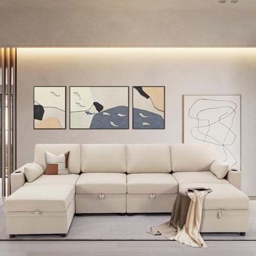 Modular Sectional Sofa Couch with Large Storage, Convertible U Shaped Sofa with USB Ports & Cup Holders, Deep Seat Couch with Wide Chaise, 6 Seat Sectional Couches for Living Room (Beige)