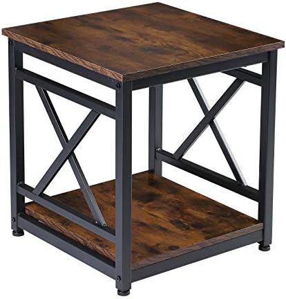 Industrial End Table Side Table with 2-Tier Storage Shelf, 18'' Square Nightstand Bedside Table X-Design Metal Frame for Living Room Bedroom, Rustic Brown