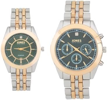 Jones New York Men's and Women's Quartz Movement Shiny Two-Tone Metal Bracelet His and Her Couple Analog Watches Gift Set, M0022S-42-X34