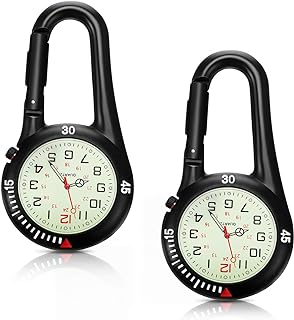 Hicarer 2 Pieces Clip on Quartz Watch Backpack Fob Belt Watch Glow in The Dark Unisex Pocket Watch with White Dial for Doctors Nurses Outdoor Activities