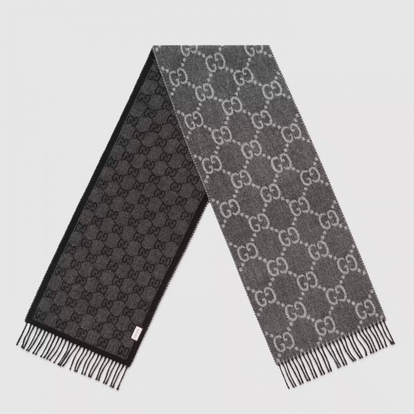 Gucci Grey GG Jacquard Knit Scarf With Tassels